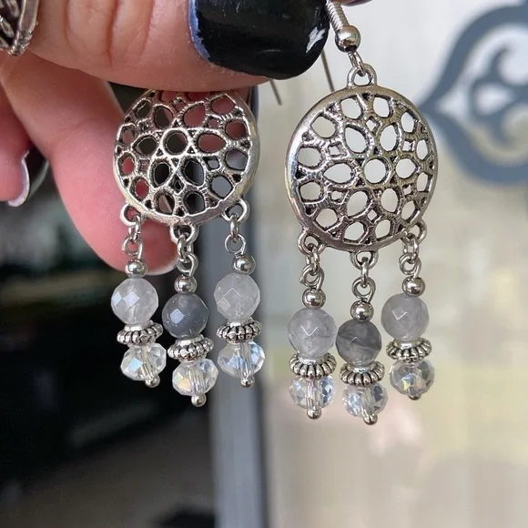 Smokey quartz beads dream catcher boho earrings - Picture 7 of 7